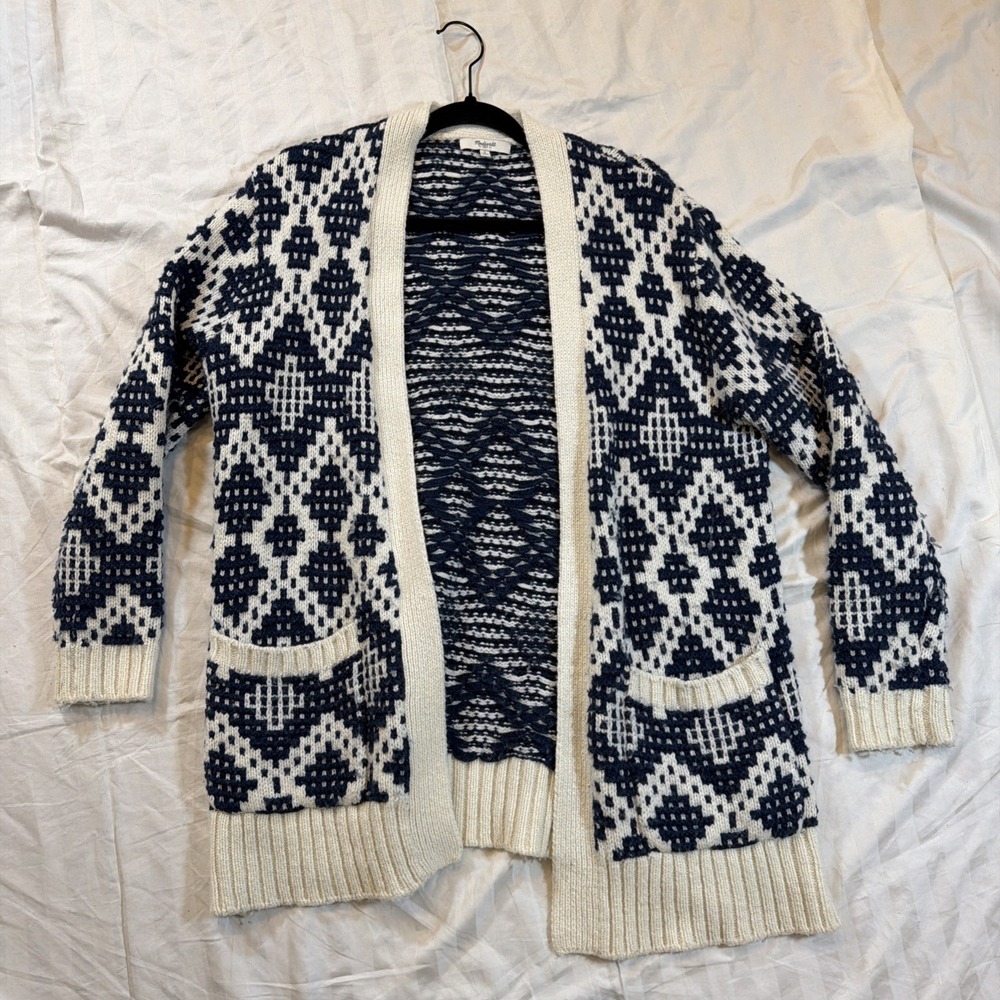 Madewell Sweater Sz 8 Contrast Fair Isle Oversized Cardigan Navy Ivory